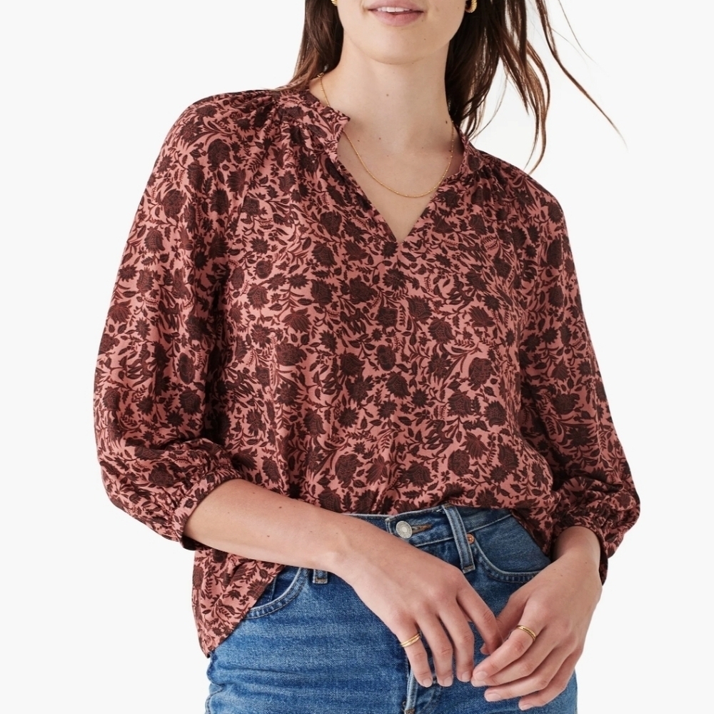 Faherty Portia Top Split Neck Quarter Sleeves Blouse Size XS